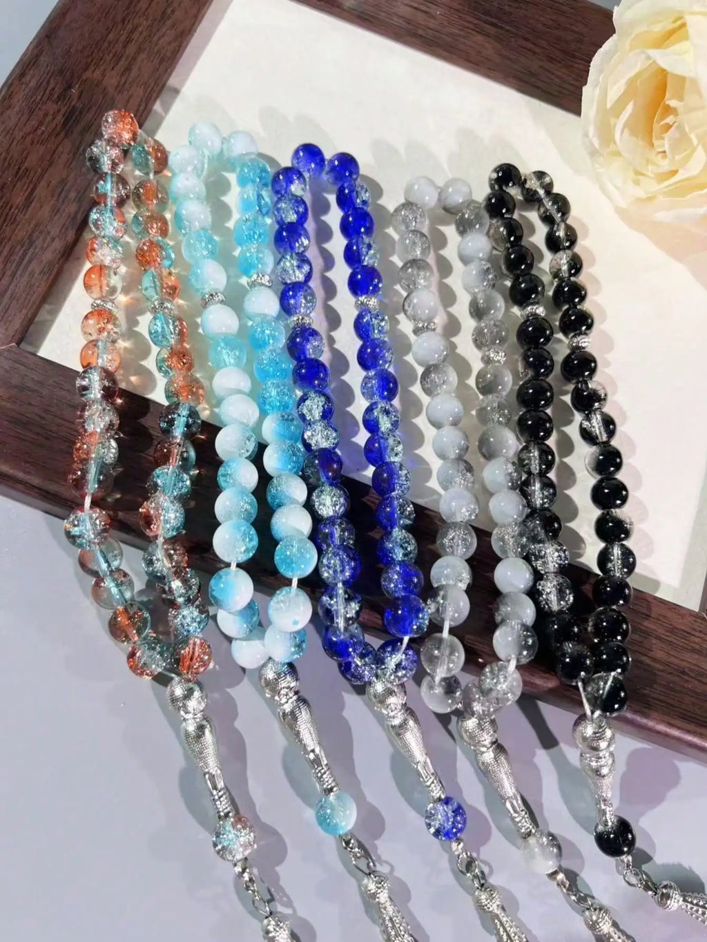 10mm 33Pcs Cracked Glass Muslim Prayer Beads Tasbih, Handmade Islamic