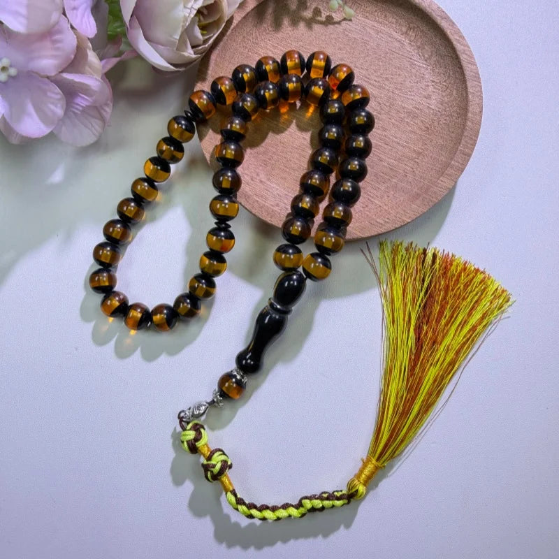 1Pc Handmade Tasbih Prayer Beads, Amber Brown Muslim Rosary with Olive