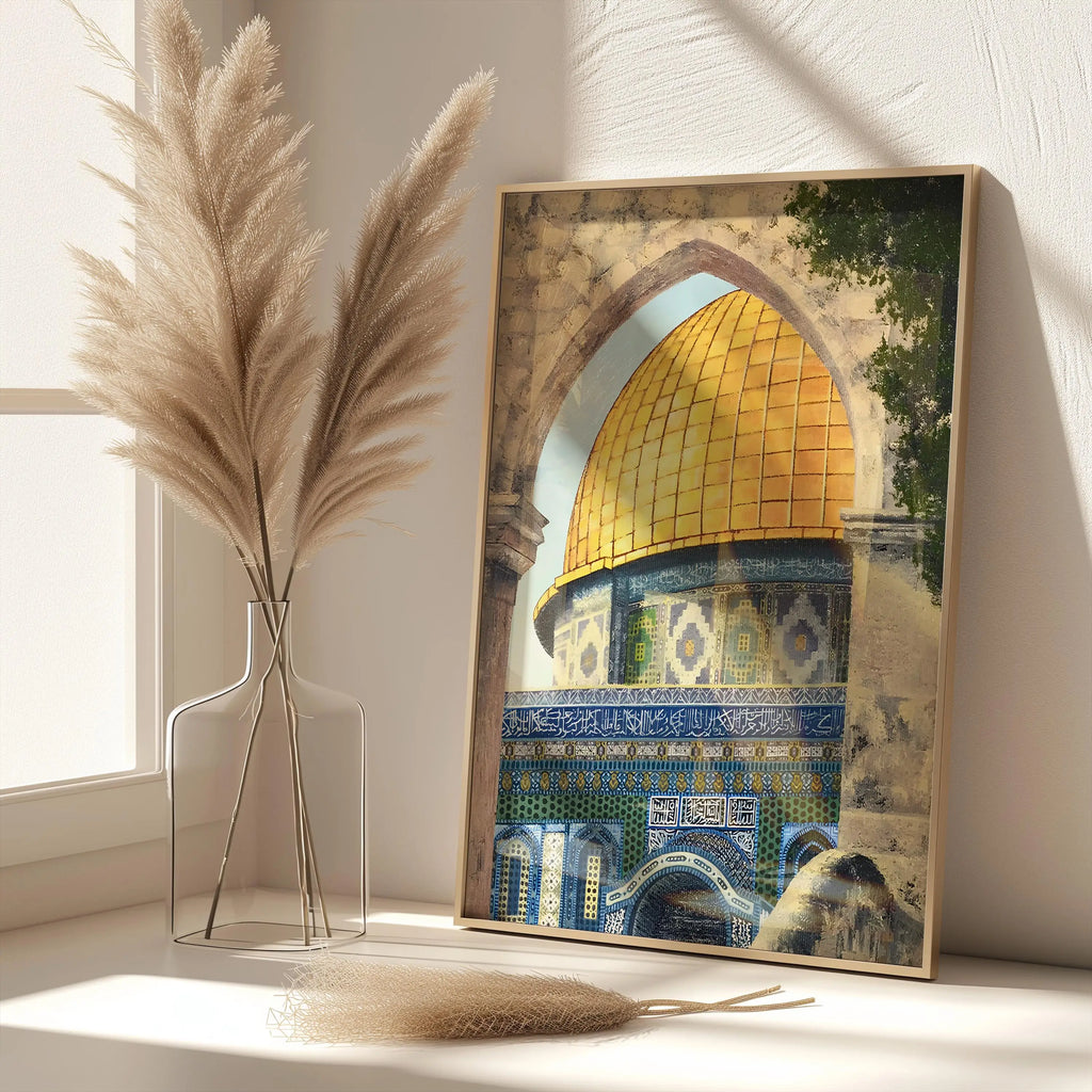 Canvas Wall Art of Al Aqsa Mosque, Islamic Art for Living Room, Gold