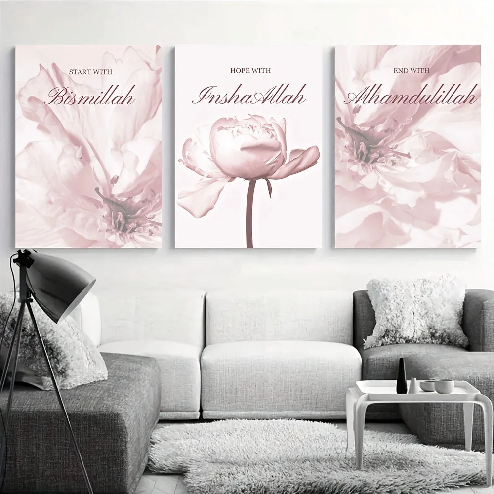 3PCS frameless decorative art print,3pcs Modern Pink Floral Islamic