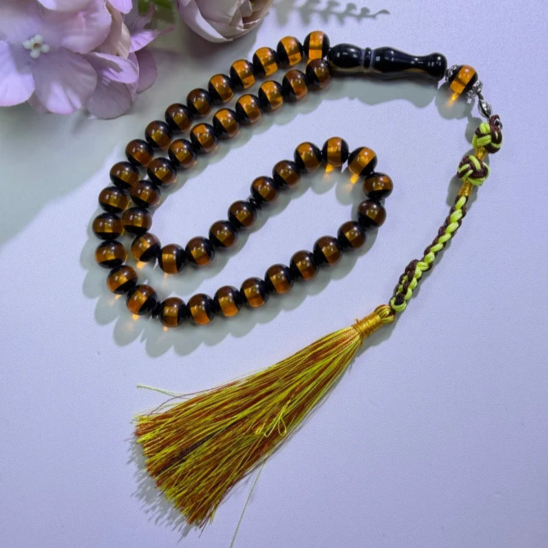 1Pc Handmade Tasbih Prayer Beads, Amber Brown Muslim Rosary with Olive